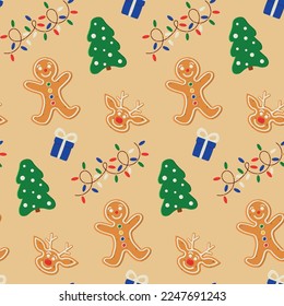 Seamless Christmas pattern with gingerbread man and deer cookies, tree, gifts, lights garland