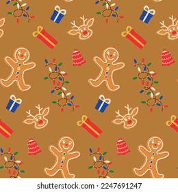 Seamless Christmas pattern with gingerbread man and deer cookies, gifts, bell lights garland