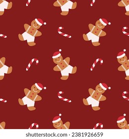 Seamless christmas pattern gingerbread man and candy cane on red background.
