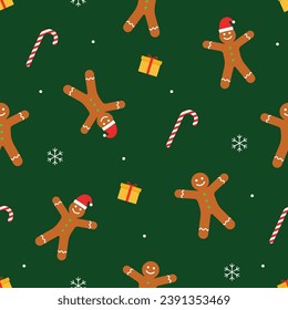 Seamless christmas pattern with gingerbread man, candy cane and gift boxes on green background. Vector illustration for packaging, wrapping paper, web background, cover design, fabric.