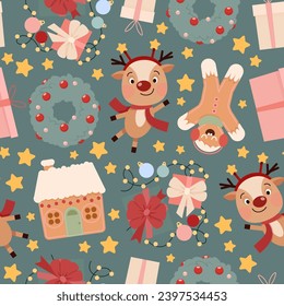 Seamless Christmas pattern of gingerbread man, gingerbread house and garland on green background