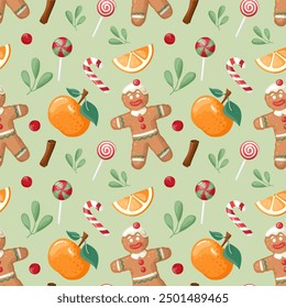 Seamless Christmas pattern with gingerbread man, sweets, botany,  Hand drawn cartoone style. Perfect for fabric, scrapbooking, banner, card, wrapping paper, textile, wallpaper, apparel.