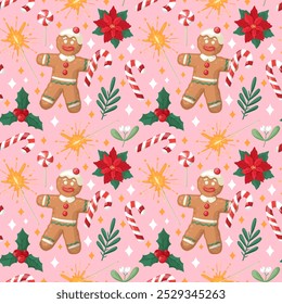 Seamless Christmas pattern with gingerbread man, sweets, botany on a pink background. Hand drawn cartoone style. Perfect for fabric, scrapbooking, banner, card, wrapping paper, textile, wallpaper.