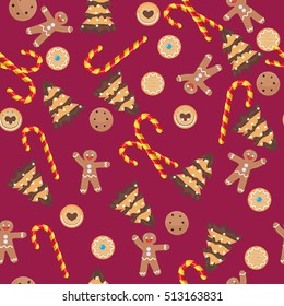 Seamless Christmas pattern with gingerbread man, cookies and candies