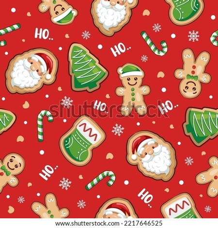 Seamless Christmas Pattern With Gingerbread Man, Santa Claus, Christmas Tree, And Candy Cane, Cute Cartoon Illustration