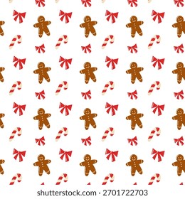 Padrão de Natal perfeito com homens de gengibre, bengalas doces e arcos vermelhos. Plano de fundo de feriado vetorial