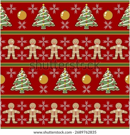 seamless christmas pattern with gingerbread men and christmas tree cookies on red background vector illustration, work of hand drawn