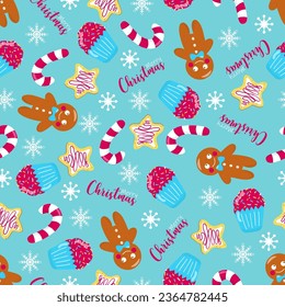 Seamless Christmas pattern with gingerbread, muffin, sugar cane, cookies and snowflakes. In cartoon style, on a blue background. Wrapping paper. 