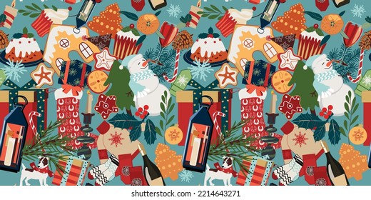 seamless christmas pattern with gingerbread, snowman and gift boxes. Vector design for paper, fabric and other surface