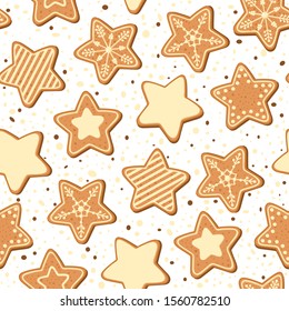 Seamless Christmas Pattern with Gingerbread Star Cookies. Cute Christmas repeating texture for surface design, wallpapers, fabrics, wrapping paper etc.