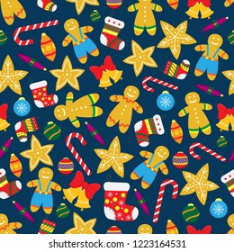 Seamless Christmas pattern with gingerbread, Christmas tree toys,candy.