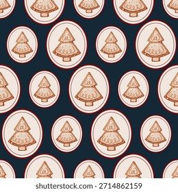 Seamless Christmas pattern with gingerbread tree cookies framed in decorative medallions on a dark blue background. Festive winter illustration suitable for wrapping paper, textiles, wallpapers, stationery, packaging and holiday design
