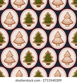 Patrón de Navidades sin fisuras con galletas de árbol de jengibre enmarcadas en medallones ovalados decorativos sobre un fondo azul oscuro. Ilustración de invierno festivo adecuado para papel de embalaje, textiles, Fondos de pantalla, papelería, embalaje y diseño de vacaciones