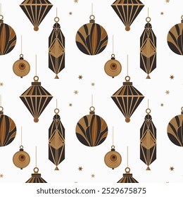 Seamless Christmas pattern with glass tree toys in Art Deco style. Hand drawn elegant festive repeating background with New Year decor. Modern Xmas ornament for design, wrapping paper, textile, card