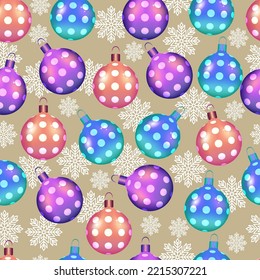 Seamless Christmas pattern with glossy colorful balls and white snowflakes on a beige background. For packaging and textiles. vector illustration.