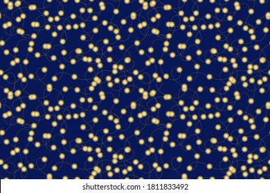 Seamless Christmas pattern of glowing electric garlands with lights and wire. Golden shine on the dark background. Vector illustration. Modern concept for fabric and paper, surface textures