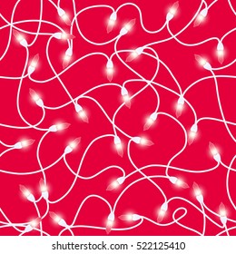 Seamless Christmas pattern of glowing electric garlands with lights and white wire. Isolated from the background. Hand drawn vector illustration.