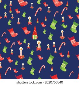 Seamless Christmas pattern with gnome, candle, stocking, candy cane. Wrapping paper, decoration.
