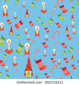 Seamless Christmas pattern with gnome, candle, stocking, candy cane. Wrapping paper, decoration.