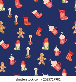 Seamless Christmas pattern with gnome, candle, gingerbread, stocking. Wrapping paper decoration