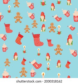 Seamless Christmas pattern with gnome, candle, gingerbread, stocking. Wrapping paper decoration