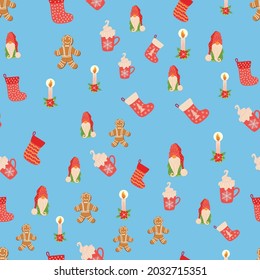 Seamless Christmas pattern with gnome, candle, gingerbread, stocking. Wrapping paper decoration