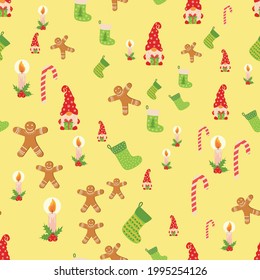 Seamless Christmas pattern with gnome, gingerbread, candle, stocking, candy cane. Wrapping paper decoration