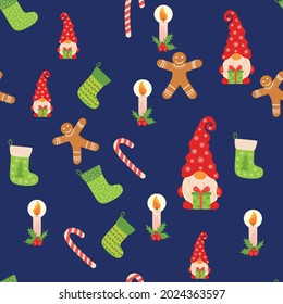 Seamless Christmas pattern with gnome, gingerbread, candle, stocking, candy cane. Wrapping paper decoration