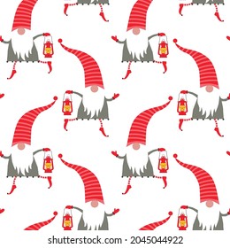 Seamless Christmas pattern with  gnomes and lanterns on white background. Vector illustration. 