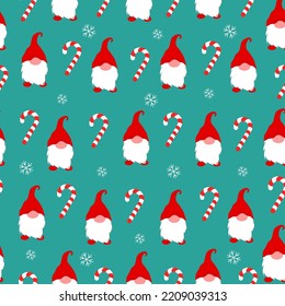 Seamless Christmas pattern with gnomes, snowflakes and candy canes