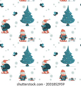 Seamless Christmas pattern with gnomes, Christmas tree and gifts. Cartoon-style illustration. Ideal for fabric, wallpaper, wrapping paper.