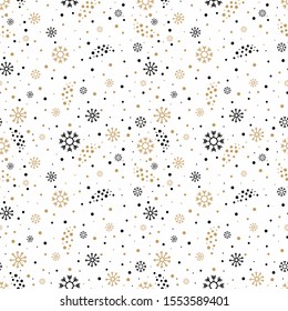 Seamless Christmas pattern with gold and black snowflakes. Vector illustration
