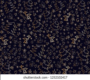 Seamless christmas pattern in gold and dark blue. Hand drawn.