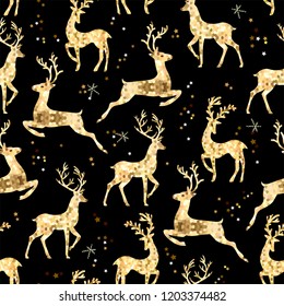 Seamless Christmas pattern with gold deer on а black background. Сan be used to pack gifts, prints on fabric, Wallpaper, tableware and beauty items.