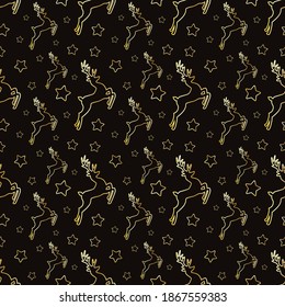 Seamless Christmas pattern with gold deer and gold stars on black background. Can be used to wrapping, prints on fabric, Wallpaper, tableware and beauty items.