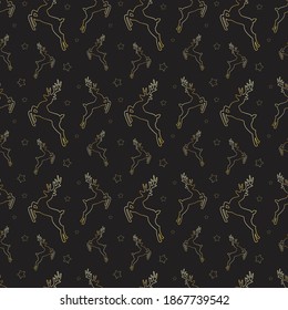 Patrón navideño sin fisuras con ciervos dorados y estrellas doradas sobre fondo negro. Se puede usar para embalar, imprimir en tela, papel tapiz, vajilla y artículos de belleza.