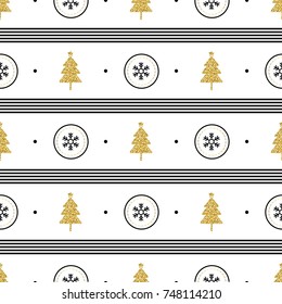 seamless christmas pattern with gold glitter pine tree and snowflake in polka dot on white pattern background