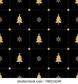 seamless christmas pattern with gold glitter pine tree and gold snowflake on black pattern background