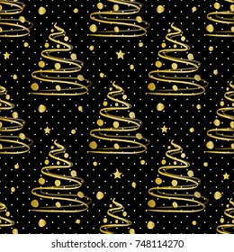 seamless christmas pattern with gold hand drawn pine tree and gold polka dot on black background