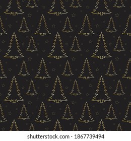 Seamless Christmas pattern with gold Christmas tree and gold stars on black background. Can be used to wrapping, prints on fabric, Wallpaper, tableware and beauty items.