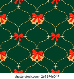 Patrón de Navidades sin costuras con campanas doradas y arcos festivos, perfecto para envoltura de vacaciones, tela y decoraciones de temporada.
