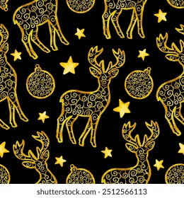 Seamless Christmas pattern with golden deer on black background. Stars and ornaments