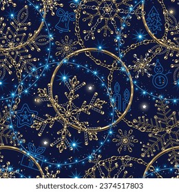 Seamless Christmas pattern with golden elements, with outline icons of Christmas objects, festive garland, blue lights, stars, sparkles, snowflakes made of jewelry gold chains. Not AI