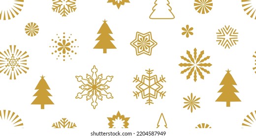 Seamless Christmas pattern with golden festive elements. Template for cards and wrapping paper.