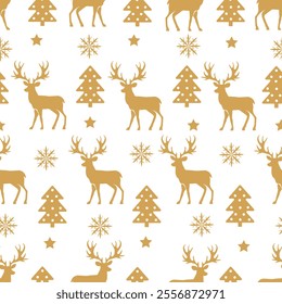 Seamless Christmas pattern with golden reindeer and golden Christmas trees on a white background