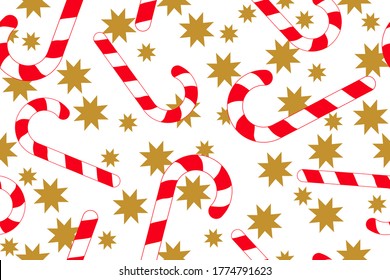 Seamless Christmas pattern with golden stars and striped candy on white background. Merry Christmas. For gift wrapping paper, fabric,  textile, surface textures, cover, scrapbook. Vector illustration.