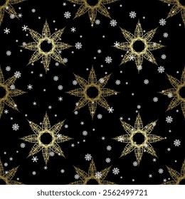 Seamless Christmas pattern with golden stars and snowflakes. Round mandalas with architectural motifs of Catholic Churches. On black background.