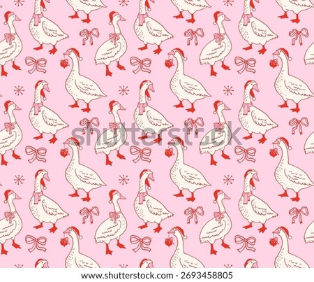 Seamless Christmas pattern with gooses in Santa hats and coquette ribbon bows. Vintage vector illustration.