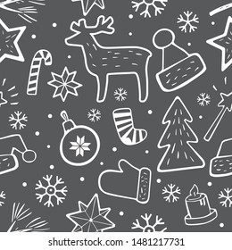Seamless christmas pattern. Graphic attributes on a dark background. Vector graphic background