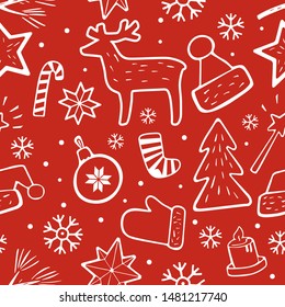Seamless christmas pattern. Graphic attributes on a red background. Vector graphic background